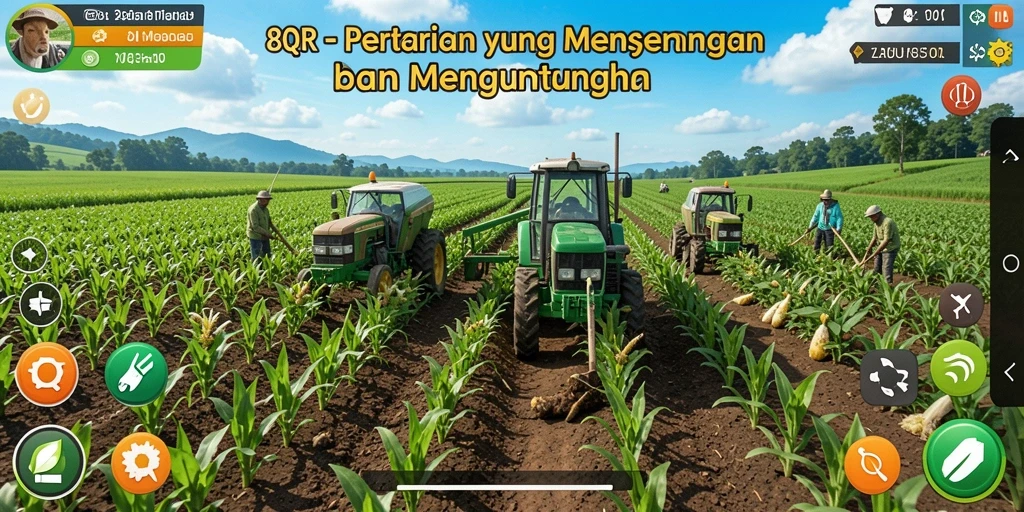 Screenshot gameplay 8QR dengan aktivitas bertani yang seru dan interaksi sosial.