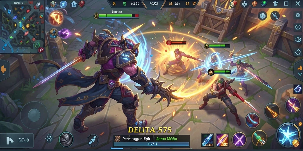 Screenshot utama dari gameplay seru DELTA575 di arena pertarungan.