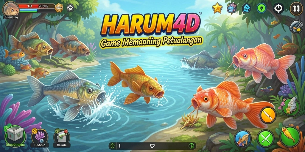 Tampilan gameplay HARUM4D menampilkan momen seru saat memancing di lokasi eksotis.