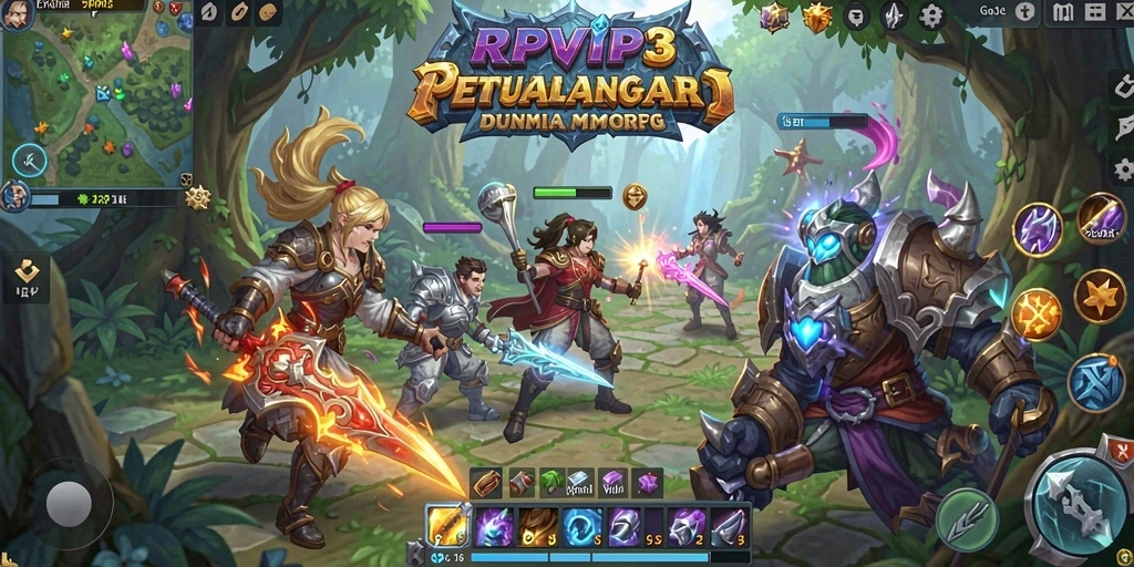 Screenshot gameplay RPVIP3 menampilkan pertempuran epik di dunia fantasi.