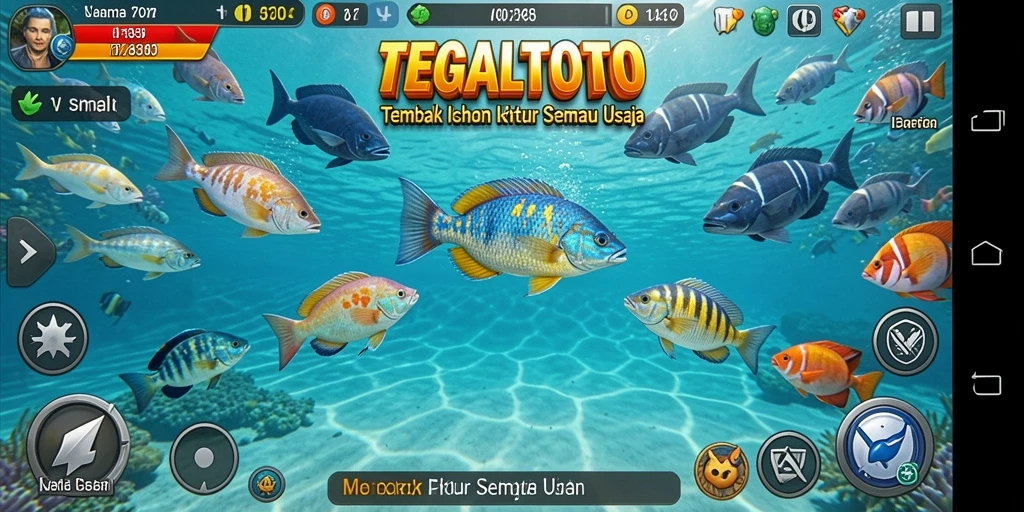 Tampak gameplay TEGALTOTO yang seru dengan berbagai ikan yang menunggu untuk ditangkap.